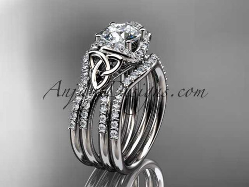platinum diamond celtic trinity knot wedding ring, engagement ring with a "Forever One" Moissanite center stone and double matching band CT7155S