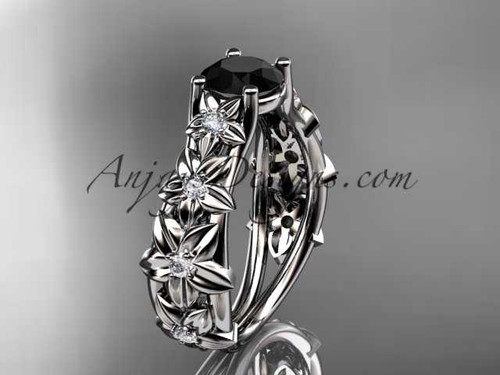 Handcrafted Flower Wedding Ring, 14kt White Gold Black Diamond Engagement Ring ADLR149