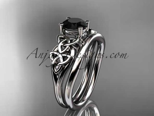 14kt white gold celtic trinity knot wedding ring, engagement set with a Black Diamond center stone CT7169S
