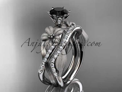 Unique 14kt white gold diamond flower, leaf and vine wedding ring, engagement set with a Black Diamond center stone ADLR221S
