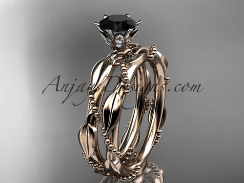 14k rose gold diamond vine and leaf wedding ring, engagement set with a Black Diamond center stone ADLR178S