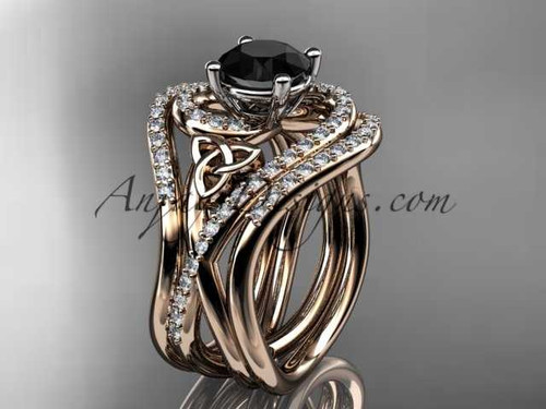 14kt rose gold diamond celtic trinity knot wedding ring, engagement ring with a Black Diamond center stone and double matching band CT7320S