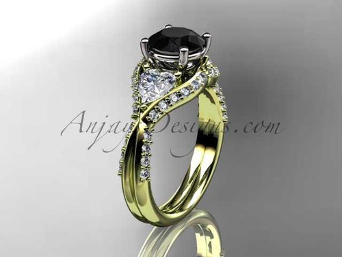 Unique 14kt yellow gold diamond wedding ring, engagement ring with a Black Diamond center stone ADLR319