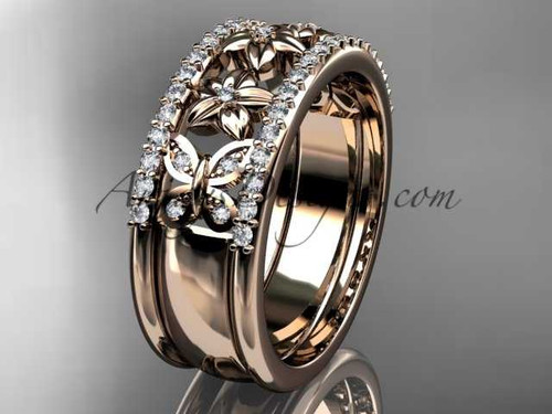 14kt rose gold diamond engagement ring, butterfly engagement ring, flower wedding band ADLR500B