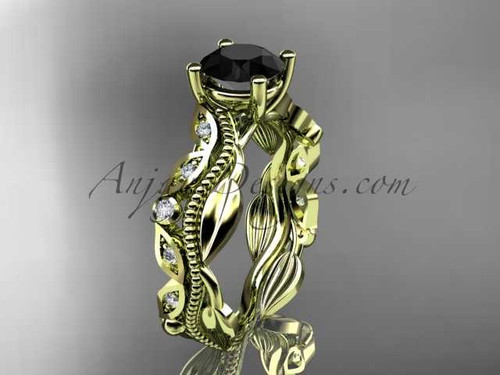 14kt yellow gold diamond leaf and vine wedding ring, engagement ring with a Black Diamond center stone ADLR342