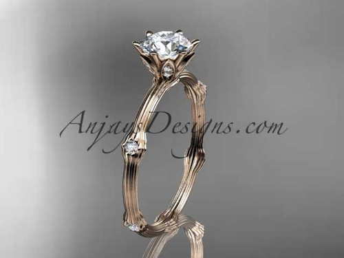 14k rose gold diamond vine and leaf wedding ring, engagement ring with "Forever One" Moissanite center stone ADLR38
