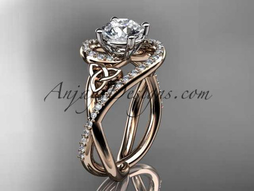 14kt rose gold diamond celtic trinity knot wedding ring, engagement ring with a "Forever One" Moissanite center stone CT7320