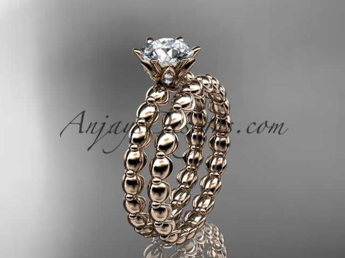 14k rose gold diamond wedding ring, engagement set with a "Forever One" Moissanite ADLR34S