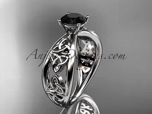 platinum celtic trinity knot wedding ring, engagement ring with a Black Diamond center stone CT7171
