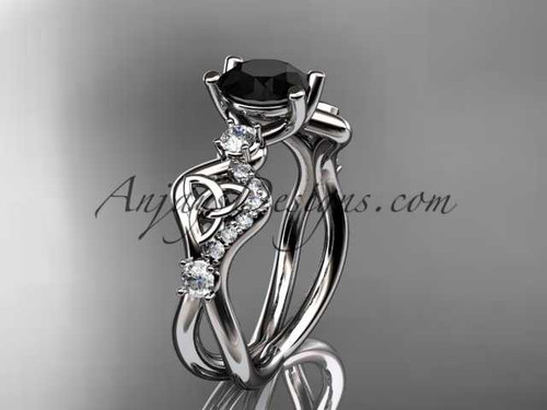 14kt white gold celtic trinity knot engagement ring, wedding ring with a Black Diamond center stone CT768