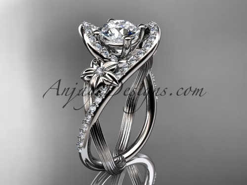 platinum leaf and flower diamond unique engagement ring, wedding ring with a "Forever One" Moissanite center stone ADLR369