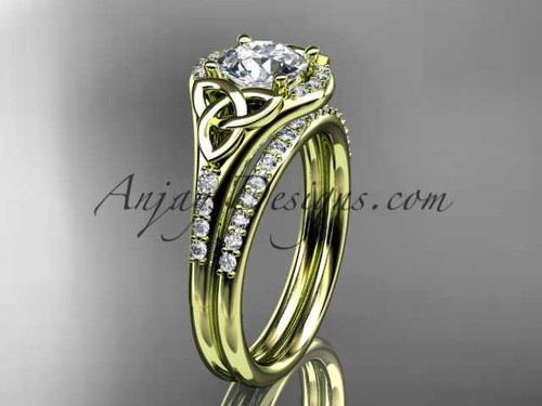 14kt yellow gold diamond celtic trinity knot wedding ring, engagement set with a "Forever One" Moissanite center stone CT7126S