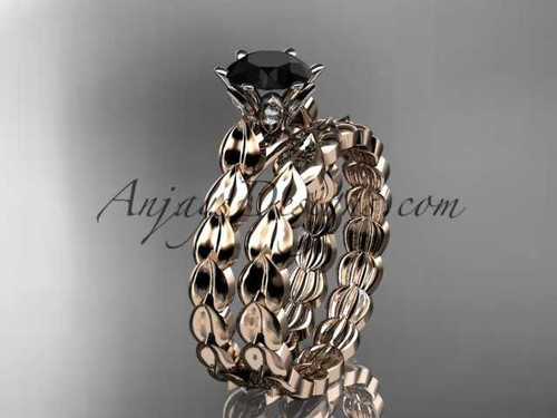 Exquisite Black Diamond Engagement Ring Set, 14kt Rose Gold Leaf Wedding Ring ADLR35S
