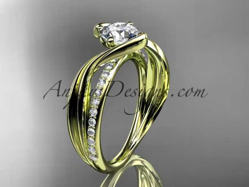 14kt yellow gold diamond leaf and vine wedding ring, engagement ring with "Forever One" Moissanite center stone ADLR78