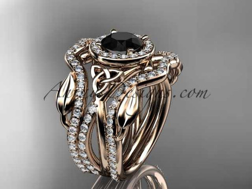 Double Band Bridal Ring Set with 14kt Rose Gold Halo Celtic Black Diamond Engagement Ring CT789S