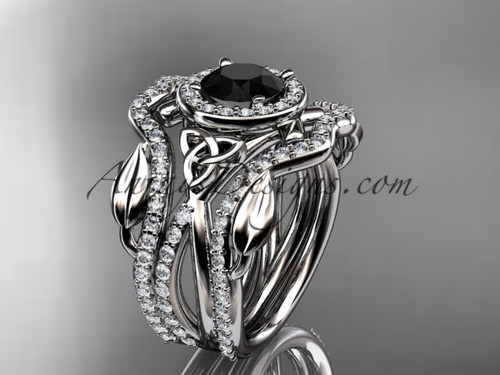 platinum celtic trinity knot engagement ring, wedding ring with a Black Diamond center stone and double matching band CT789S