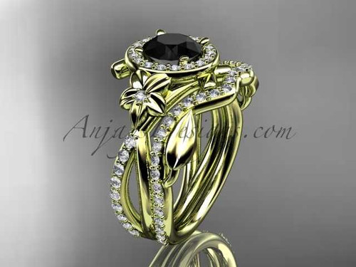 14kt yellow gold diamond leaf and vine, flower engagement set, wedding set, with a Black Diamond center stone ADLR89S