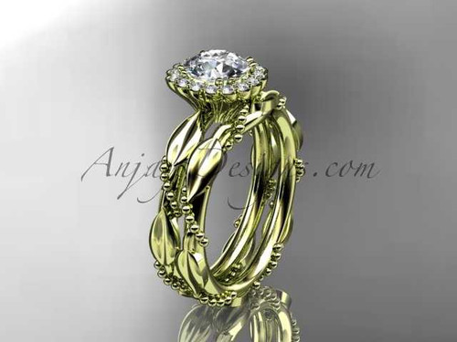 14kt yellow gold diamond leaf and vine wedding set, engagement set with a "Forever One" Moissanite center stone ADLR337