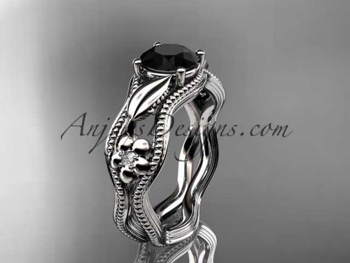 14k white gold leaf and flower diamond unique engagement ring with a Black Diamond center stone ADLR382