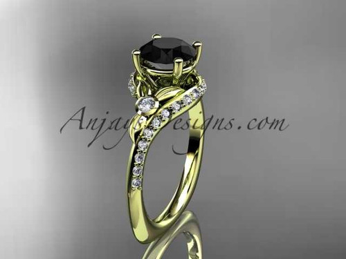 14kt yellow gold diamond leaf and vine engagement ring with a Black Diamond center stone ADLR112