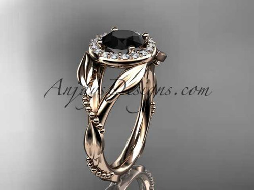 14kt rose gold diamond leaf and vine wedding ring,engagement ring with a Black Diamond center stone ADLR328