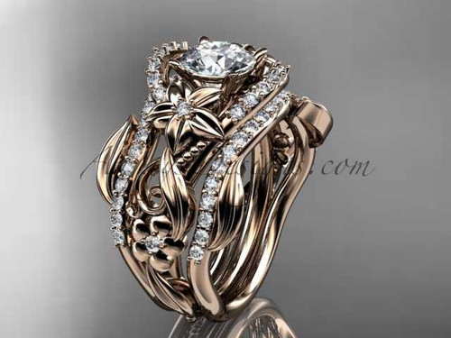 14kt rose gold diamond leaf and vine engagement ring with "Forever One" Moissanite center stone and double matching band ADLR211S 14kt rose gold diamond leaf and vine engagement ring with "Forever One" Moissanite center stone and double matching band ADLR211S