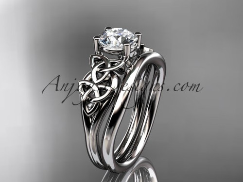 14kt white gold celtic trinity knot wedding ring, engagement set with a "Forever One" Moissanite center stone CT7169S
