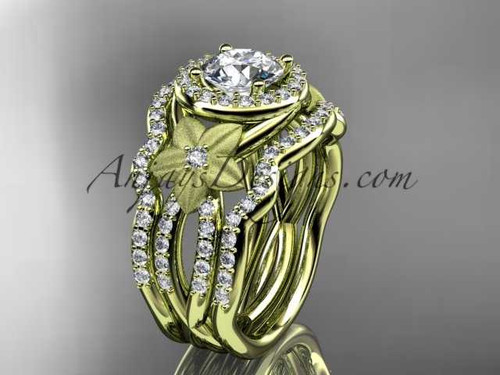14kt yellow gold diamond floral wedding ring, engagement ring with a double matching band ADLR127S