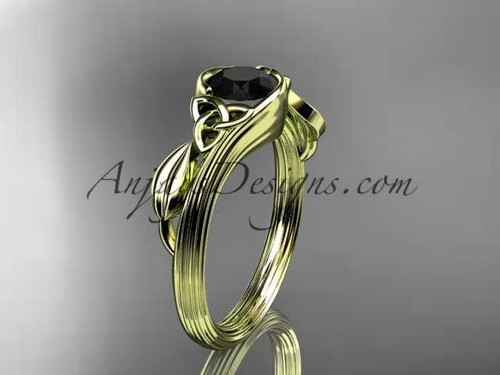Glorious Celtic Black Diamond engagement ring, 14kt Yellow Gold Leaf Wedding Ring CT7324