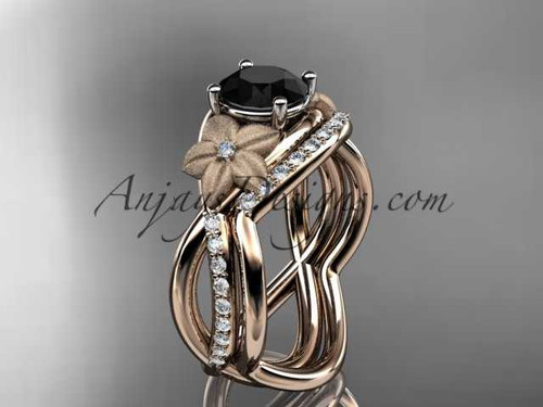 14k rose gold diamond leaf and vine wedding ring, engagement set with a Black Diamond center stone ADLR90S