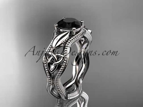14kt white gold diamond celtic trinity knot wedding ring, engagement ring with a Black Diamond center stone CT7382