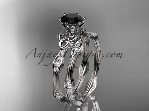 14kt white gold diamond celtic trinity knot wedding ring, engagement set with a Black Diamond center stone CT7132S