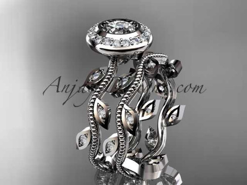 Beautiful Moissanite Leaf and Vine Engagement Ring, 14kt White Gold Diamond Wedding Set ADLR212S
