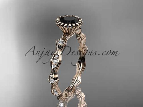14kt rose gold diamond leaf wedding ring, engagement ring with Black Diamond center stone ADLR21