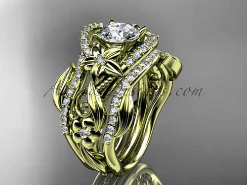 14kt yellow gold diamond leaf and vine engagement ring with "Forever One" Moissanite center stone and double matching band ADLR211S 14kt yellow gold diamond leaf and vine engagement ring with "Forever One" Moissanite center stone and double matching band ADLR211S