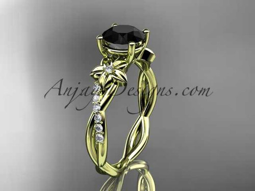 14kt yellow gold flower diamond wedding ring, engagement ring with a Black Diamond center stone ADLR388