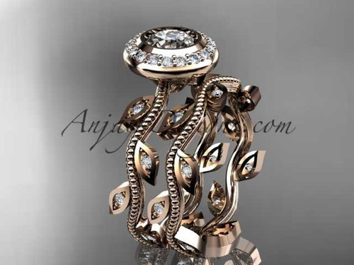 14k rose gold diamond leaf and vine wedding ring, engagement ring, engagement set ADLR212S