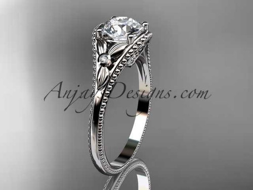 14k white gold leaf and flower diamond unique engagement ring with a "Forever One" Moissanite center stone ADLR377