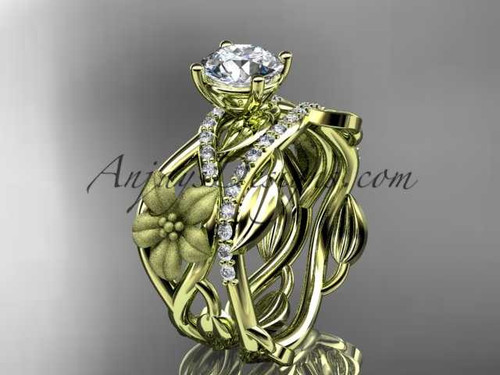 Unique 14kt yellow gold floral diamond wedding ring, engagement set with a "Forever One" Moissanite center stone ADLR270S