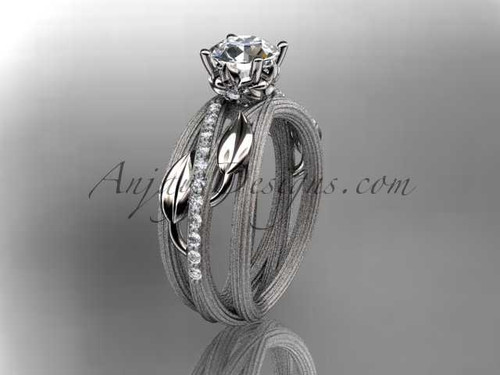 14kt white gold diamond leaf and vine wedding ring, engagement ring a "Forever One" Moissanite center stone ADLR329