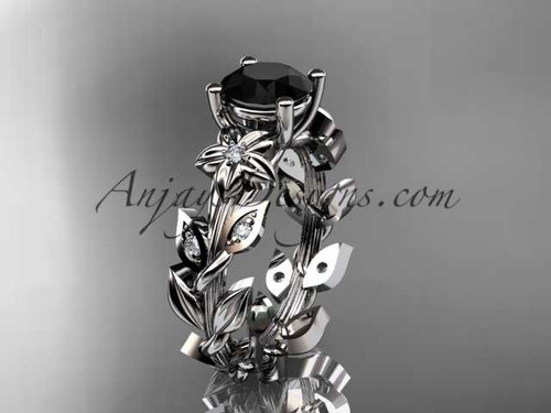 14k white gold diamond floral leaf and vine wedding ring, engagement ring with a Black Diamond center stone ADLR215