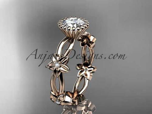 14k rose gold diamond leaf and vine wedding ring,engagement ring with a "Forever One" Moissanite center stone ADLR19D