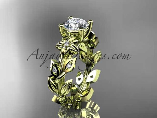 1ct lab created diamond engagement ring, 14k yellow gold leaf vine