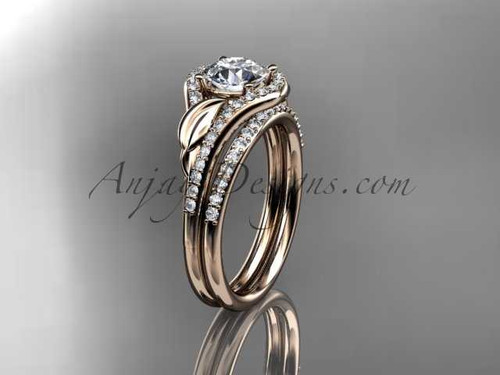 14kt rose gold diamond leaf wedding set, engagement set with a "Forever One" Moissanite center stone ADLR334