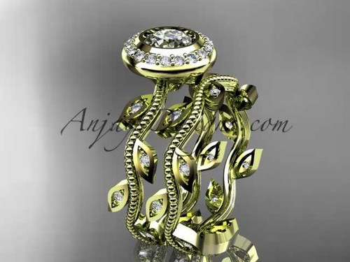 14k yellow gold diamond leaf and vine wedding ring, engagement ring, engagement set ADLR212S