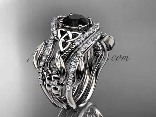 14kt white gold diamond celtic trinity knot wedding ring, engagement ring with a Black Diamond center stone  and double matching band CT7211S