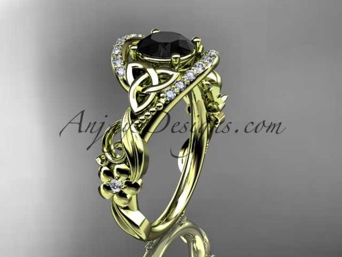 14kt yellow gold diamond celtic trinity knot wedding ring, engagement ring with a Black Diamond center stone CT7211