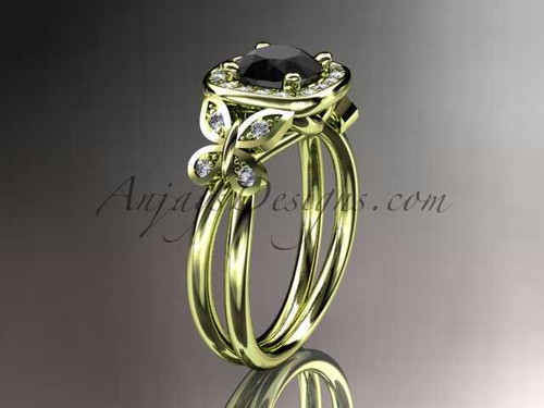 14kt yellow gold diamond unique butterfly engagement ring, wedding ring with a Black Diamond center stone ADLR330
