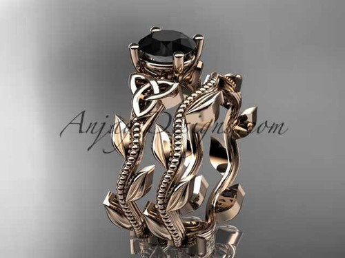 14kt rose gold celtic trinity knot wedding ring, engagement set with a Black Diamond center stone CT7238S