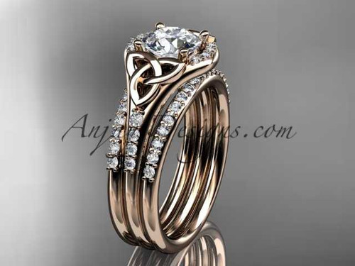 14kt rose gold diamond celtic trinity knot wedding ring, engagement ring with a "Forever One" Moissanite center stone and double matching band CT7126S